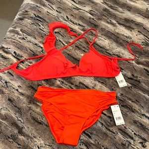 Kenneth Cole XL ruffled red adjustable bikini top and small red bikini bottom